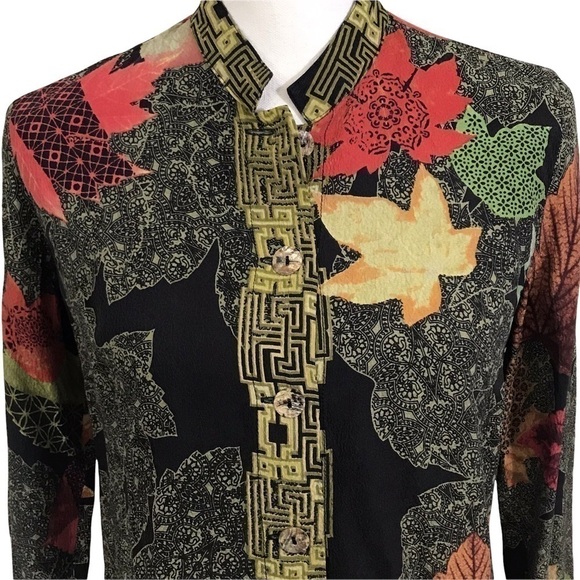 Citron Santa Monica Small 100% Silk Blouse Leaf Pattern Long Sleeve. - Picture 5 of 11